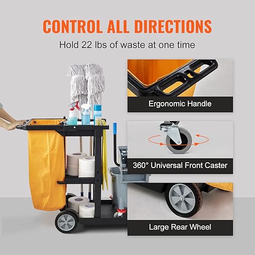 VEVOR Cleaning Cart, 3-Shelf Commercial Janitorial Cart, 200 lbs Capacity Plastic Housekeeping Cart, with 25 Gallon PVC Bag, 47 x 20 x 38.6in, Yellow & Black