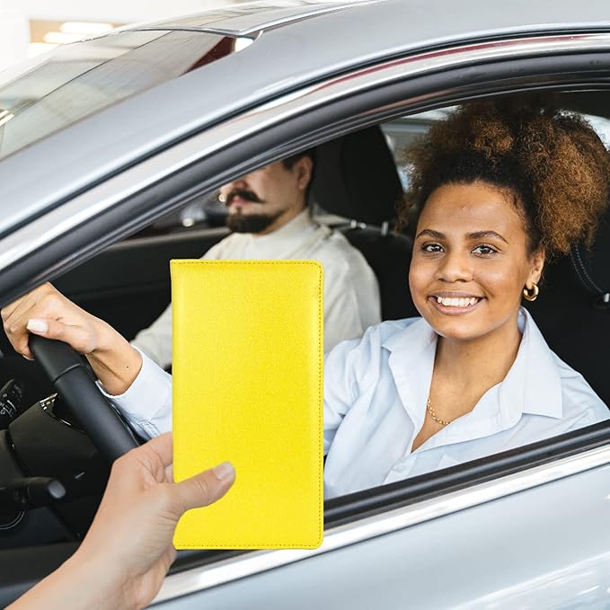 Car Registration and Insurance Holder, Leather Magnetic Shut Vehicle Glove Box Organizer for Document, Card, Driver License, Glitter Yellow