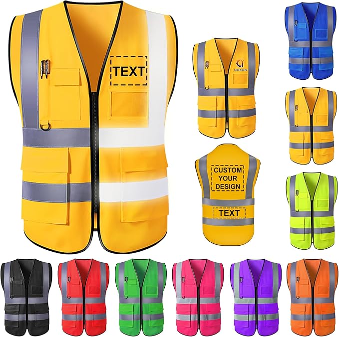 Custom Safety Vest for Men High Visibility Protective Workwear 5 Pockets Class 2 With Reflective Strip