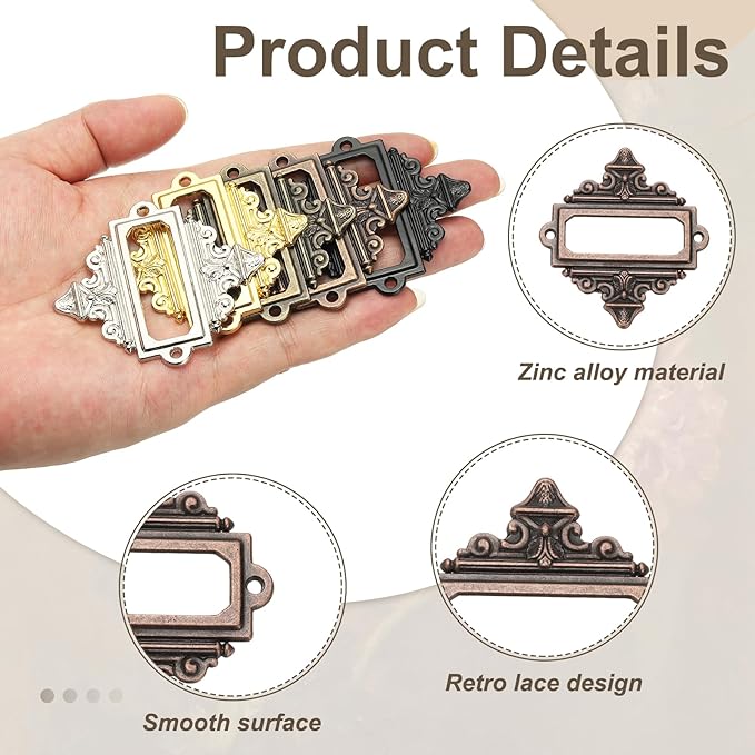 uxcell 5 Pcs Metal Label Holder, 2.2 x 2.4 Inch Small Vintage Card Frame Tag Floral Lace Label Holder with Screws for File Boxes Drawers Door Cabinet Book Shelves, Bronze Red