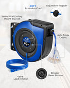 Retractable Cord Reel, 60 FT Heavy Duty Extension Cord, 12AWG/3C SJTOW, 3 Grounded Outlets Lighted Triple Tap, 15A Circuit Breaker, Wall/Ceiling Mounted, UL Listed, Blue U60CR06