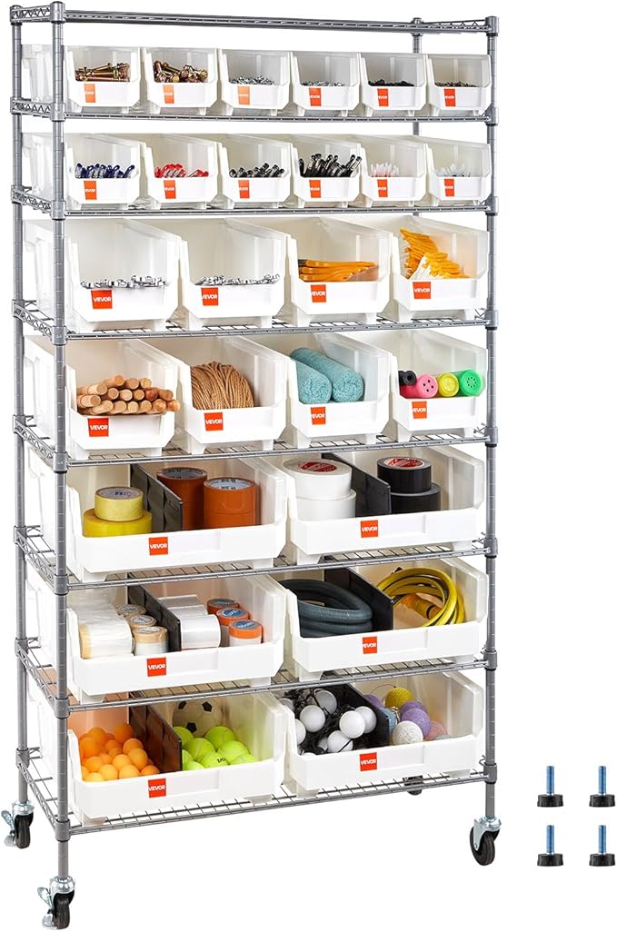 VEVOR 8-Tier Rolling Bin Storage Rack, 26 Organizer Bins, Bin Rack Storage Steel Wire Shelving System with Wheels, Mobile Tool Organizer for Garage, Warehouse, Office, Restaurant, Classroom, Kitchen