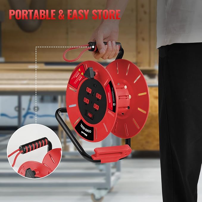 Extension Cord Storage Reel with 4-Grounded Outlet & 2 USB Port, 15A Circuit Breaker, Heavy Duty Open Cord Reel for 12/3,14/3 Gauge Power Cord, Hand Wind Retractable, ETL Listed Red R85CR06