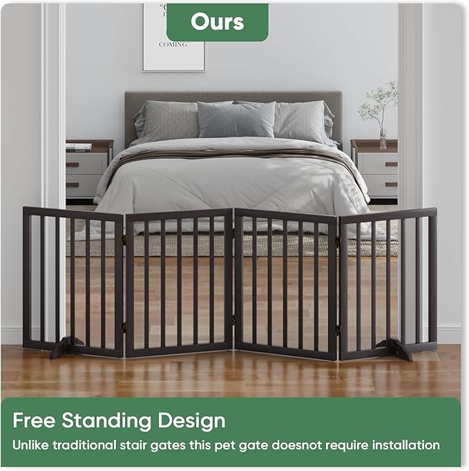 Dog Gate, Freestanding Dog Gates for Doorways, Foldable Dog Gate Indoor, Pet Gates for Doorways Bedroom, Puppy Gate with Metal Support Feet, Room Divider 4 Panels (Brown)
