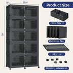 1000 QT Extra Large Stackable Storage Bins with Lid, 250 Gal Collapsible Storage Box with Wheels, Folding Closet Organizers and Storage Cabinet with Doors for Home Kitchen Office, 5Pack Black