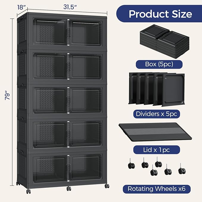 1000 QT Extra Large Stackable Storage Bins with Lid, 250 Gal Collapsible Storage Box with Wheels, Folding Closet Organizers and Storage Cabinet with Doors for Home Kitchen Office, 5Pack Black