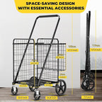4.7 Cu Ft Folding Shopping Cart - 480 LB Capacity Grocery Cart with 360° Braked Swivel Wheels - Heavy Duty Utility Cart with Double Basket & Removable Waterproof Liner with Lid for Laundry