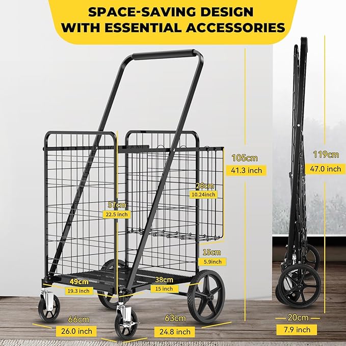 4.7 Cu Ft Folding Shopping Cart - 480 LB Capacity Grocery Cart with 360° Braked Swivel Wheels - Heavy Duty Utility Cart with Double Basket & Removable Waterproof Liner with Lid for Laundry