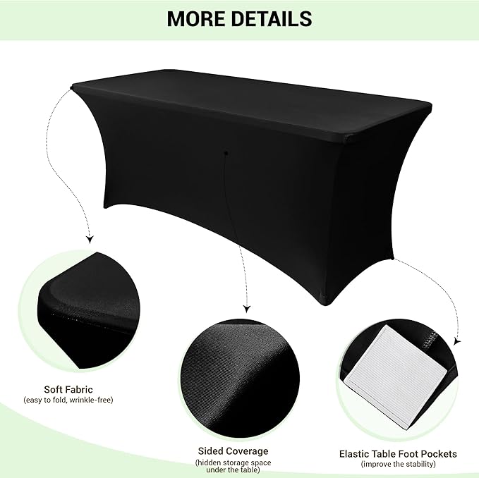 Obstal 6 Pack Stretch Spandex Table Covers for 4 Foot Tables - 4 FT Universal Rectangular Fitted Tablecloth Protector for Wedding, Banquet, Party (Black, 48 Length x 24 Width x 30 Height Inches)
