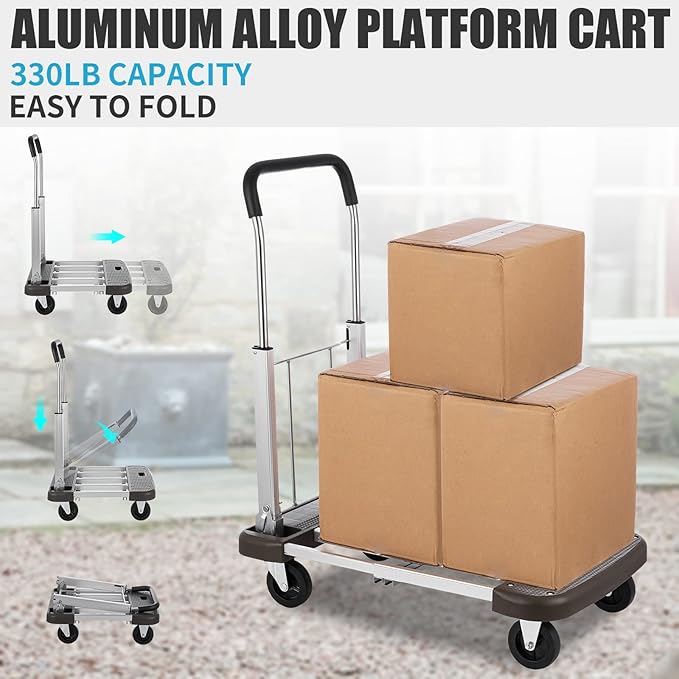 Foldable Platform Cart 29" x 17" x 35" Aluminum Platform Truck 330lbs Capacity Folding Push Cart Adjustable Heavy Duty Platform Cart Dolly for Car House Office Luggage Moving