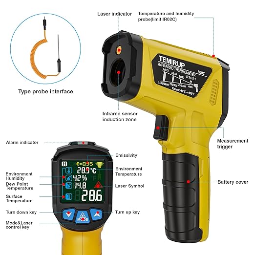 Infrared Thermometer Gun, TEMIRUP Non Contact Digital Laser Temperature Gun with K-Probe for Industrial, Cooking, Griddle,Engine, HVAC, Humidity,Adjustable Emissivity -58°F to 1472°F(-50~800°C)