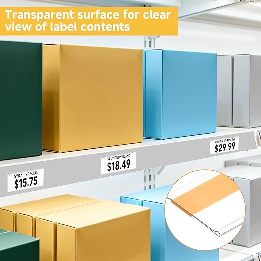 50 Pcs Shelf Label Strips, Self Adhesive Shelf Label Holder, 1.5''H x 48''L with 50 White Labels Sheets Price Tag Holder Clear Plastic Shelves Clip for Supermarket Gondola Shelving (Clear)