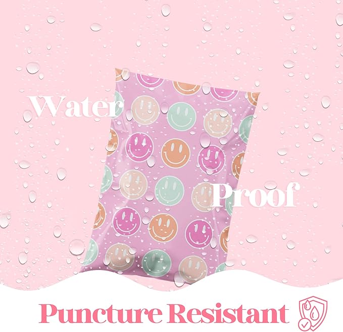 6x9 Designer Poly Mailer 100 Pack Heavy Duty Waterproof Self Seal Shipping Bags for Small Business Large Mailing Envelopes Bulk Tear Resistant Cute Packaging Smiley Face