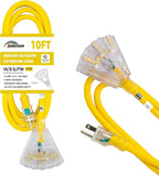 3-Outlets Indoor Outdoor Extension Cord Weatherproof with Lighted End, UL Listed, 14 Gauge 10FT Yellow 3 Prong Heavy Duty, 14/3 SJTW 15A Extension Cord