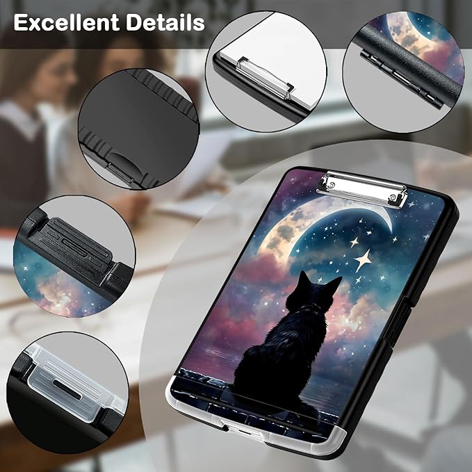 Clipboard with Storage,Office Supplies Nursing Clipboards Folder with Pen Holder Plastic Storage ClipBoard Foldable for Teacher Nurse,Moon Cat