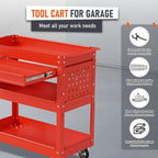 3-Tier Rolling Tool Cart, Heavy Duty for Mechanics, 400 LBS with Drawers, Red
