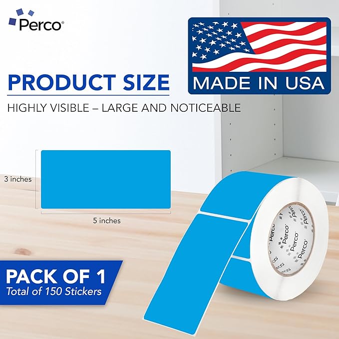 Perco Light Blue 3x5 Inch Perforated Sticker Labels — 150 Stickers/Roll — with Permanent Adhesive for Inventory Management, Color Coding, Moving Boxes, Retail, Organizing, Crafting & More—Made in USA