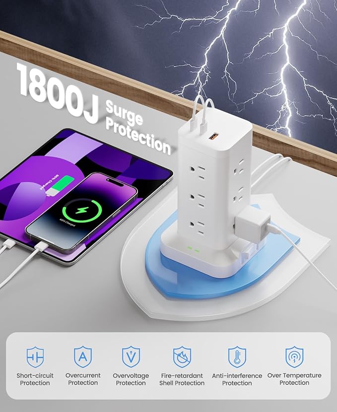 Power Strip Tower with Surge Protector 1800J, Fast Charging Tower PD20W USB-C Ports with 12 AC Outlets, 6ft Extension Cord for Home Office Dorm Room, White