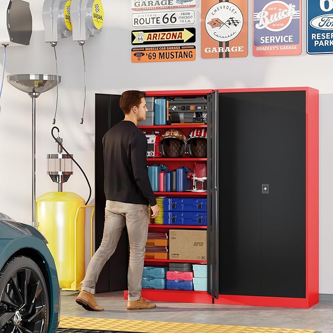 Metal Garage Storage Cabinets with Lock, 72" Tall Tool Cabinet with 2 Door and 5 Adjustable Shelves, Locking Garage Cabinets and Lockable Steel Locker for Home Office Warehouse-(Red Black-72”H)