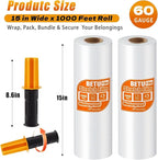 Stretch Film Shrink Wrap for Moving Supplies (15inch, 2 Pack) x 1000ft, Industrial Strength Plastic Wrap Stretch Roll for Pallet Wrapping Shipping Moving Boxes Storage Furniture with Handles, Clear