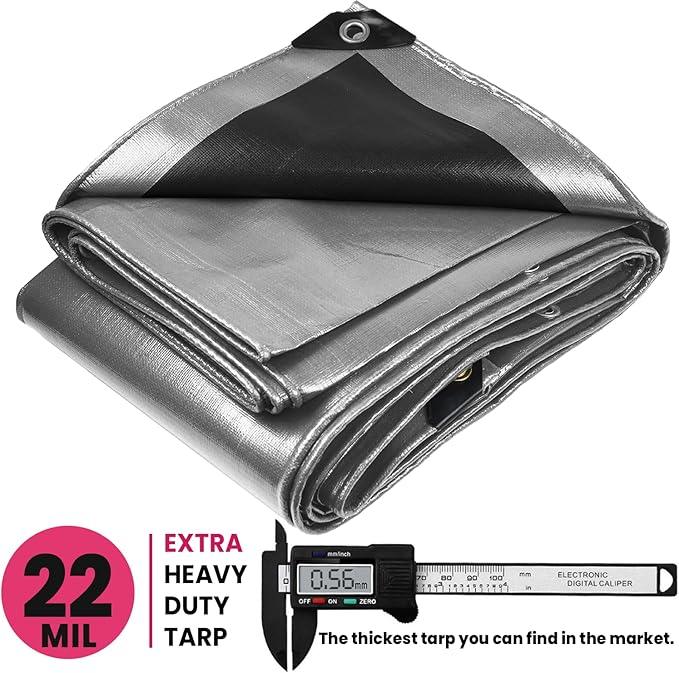 PROTARP Extreme Heavy Duty 22 Mil Tarp Cover, Waterproof, UV Resistant, Rip and Tear Proof, Poly Tarpaulin with Reinforced Edges for Roof, Camping, Patio, Pool, Boat. (Silver/Black 12′ X 25′)