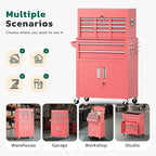Greenvelly 8-Drawer Rolling Tool Chest, Metal Tool Chest with Wheels, Tool Cabinet with Detachable Top Tool Box, Metal Tool Cart with Liner & Hooks for Garage, Workshop, Warehouse (Pink)