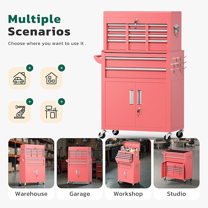Greenvelly 8-Drawer Rolling Tool Chest, Metal Tool Chest with Wheels, Tool Cabinet with Detachable Top Tool Box, Metal Tool Cart with Liner & Hooks for Garage, Workshop, Warehouse (Pink)