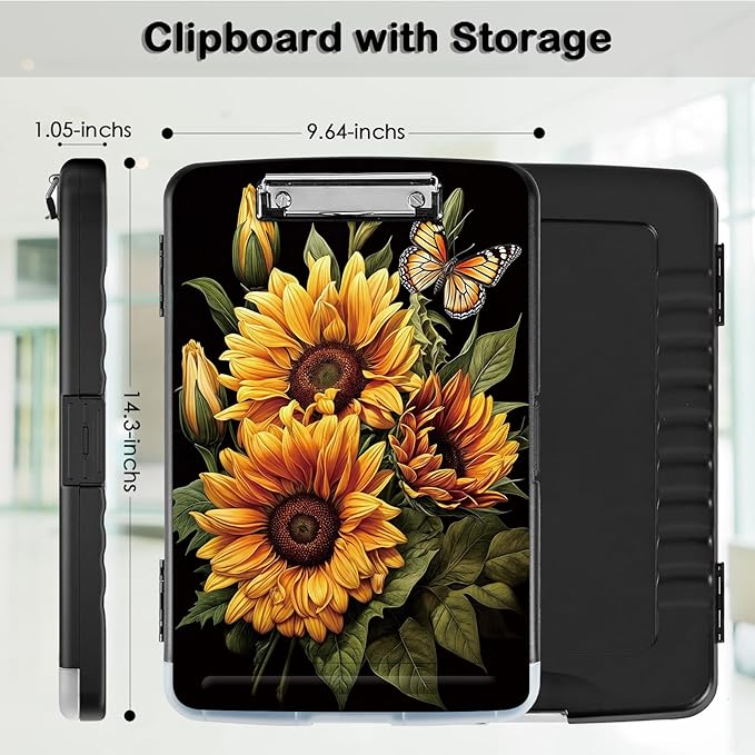 Clipboard with Storage,Office Supplies Nursing Clipboards Folder with Pen Holder Smooth Writing Plastic Storage ClipBoard Foldable for Teacher Nurse,Butterfly Sunflowers