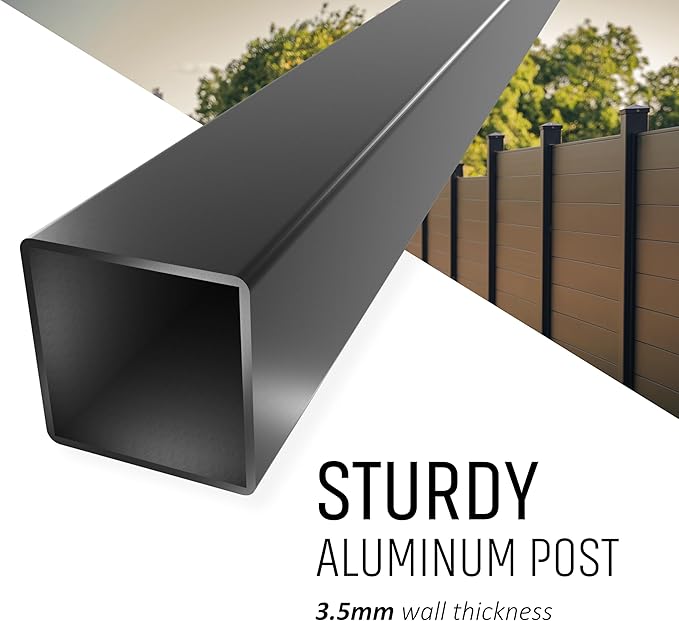 Black Panel & Post Aluminum Privacy Fence Kit – (2) 4"x4"x9' Matte Black Dig & Set Posts with Caps, (1) 72" W x 46" H Fence Panel, (100) Screws