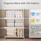480Qt Stackable Storage Bins with Lids, 3 Pack Large Collapsible Bins with Wheels, Plastic Cabinet with Doors, Foldable Closet Organizers and Storage for Home, Dorm, Office, White