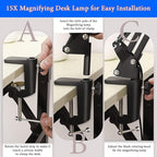 15X Magnifying Glass Desk Lamp with Clamp, Real Glass Lens, 84 LEDs, 5 Color Modes Dimmable, Led Lamp Magnifier with Dust Cover, USB Charger, Clean Cloth, Ideal Gift for Seniors, Crafters, Hobbyists