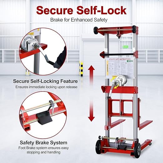 122" 400lbs Material Lift Winch Stacker with Upgrade Effortless Winch, Hand Winch Lift Truck with Fixed-Leg, Manual Material Lifter Pallet Stacker for Contractor, Workshop, Industrial, Red