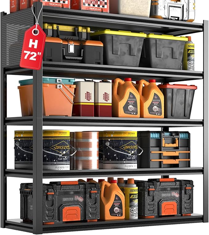 Metal Garage Shelving Unit with Pegboard, Heavy Duty 5-Tier Adjustable Industrial Storage Shelves, 5000 LBS Steel Storage Rack for Garage, Warehouse, Basement, 72" H x 59" W x 23.6" D, Black