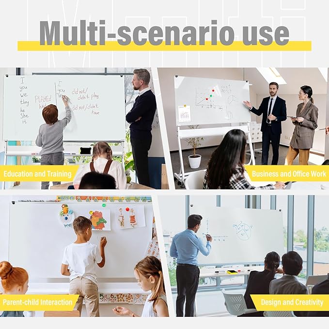Rolling Magnetic Glass Whiteboard Standing - Large Portable Wheels Dry Erase White Board Stand with Strong Magnets, Ideal for Office, Home and Classroom(40'' X 60'')