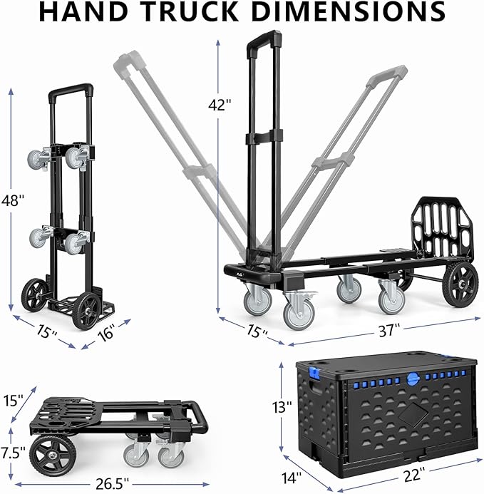 KEDSUM 4-in-1 Convertible Hand Truck Dolly with Folding Crate, 600LBS Heavy Duty Dolly Cart with Wheels, Adjustable Handle & Caster Wheels, Shopping Cart for Groceries, Packages, Collapsible