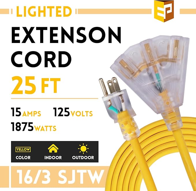 EP 25 Ft Lighted Outdoor Extension Cord with 3 Electrical Power Outlets - 14/3 SJTW Heavy Duty Yellow Extension Cable with 3 Prong Grounded Plug - Power Cord for Lawn, Garden, Appliances