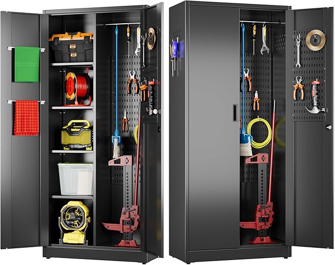 61.61" H Broom Closet Storage Cabinet with Towel Hangles and Adjustable Shelves,Metal Tool Cabinets with Pegboard and Hooks for Garage Laundry Room Home Office,Required Assembly,Black