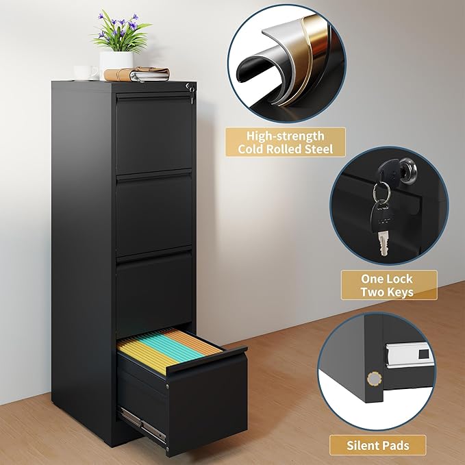 4 Drawer File Cabinet with Lock, Vertical Filing Cabinets for Home Office, Metal Storage Cabinets, Heavy Duty File Cabinet for Letter/Legal/A4/F4 Size Amssebly Required, Black