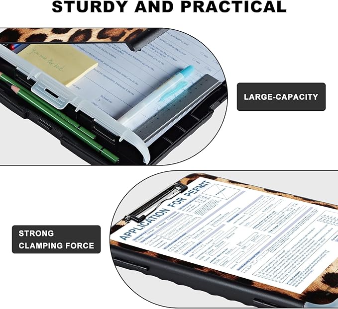 Leopard Brown Storage Clipboard with Pen Holder & Low Profile Clip, Folder - Heavy Duty Plastic Clipboard, Teacher & Office Must Haves