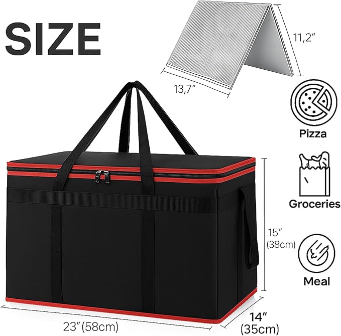 Bodaon Insulated Food Delivery Bag With Hard Bottom, XXXL Pizza Cooler Bags, Rideshare Delivery Bag, Grocery Shopping and Catering Thermal Cold/Hot Styrofoam Carrier for Travel/Car