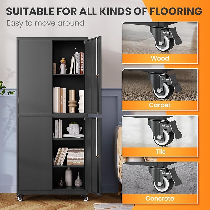 4 Door Garage Storage Cabinets with wheels, Metal Rolling Tool Cabinet with Lock, Locking Garage Caninet on wheels with Shelves, Steel Tall Tool Cabnets Locker for Workshop/Home/Office - (Black 73”H)