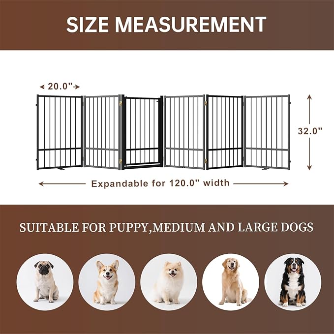 6 Panels Full Metal Freestanding Dog Gates with Door, 120” W x 32” H Folding Pet Gate Fence with Support Feet for Indoor,Stairs, Hallways and Doorways(Black)
