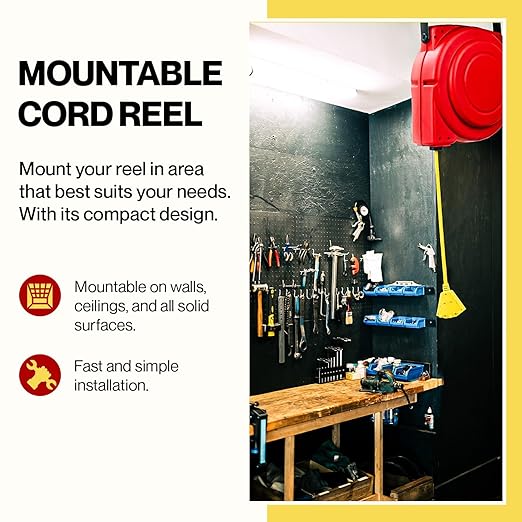 ReelWorks Extension Cord Reel Retractable 12AWG x 65' Foot 3C/SJT Heavy Duty Commercial Cable Triple Tap Connector Power 15A 125VAC 1875W