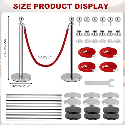 4 Pack Silver Stanchion Posts, Stanchions and Velvet Ropes, Queue Barrier Line Divider with Fillable Plastic Base for Sand or Water, Suits for Airport,Parties,Grand Opening,Casino,Bank
