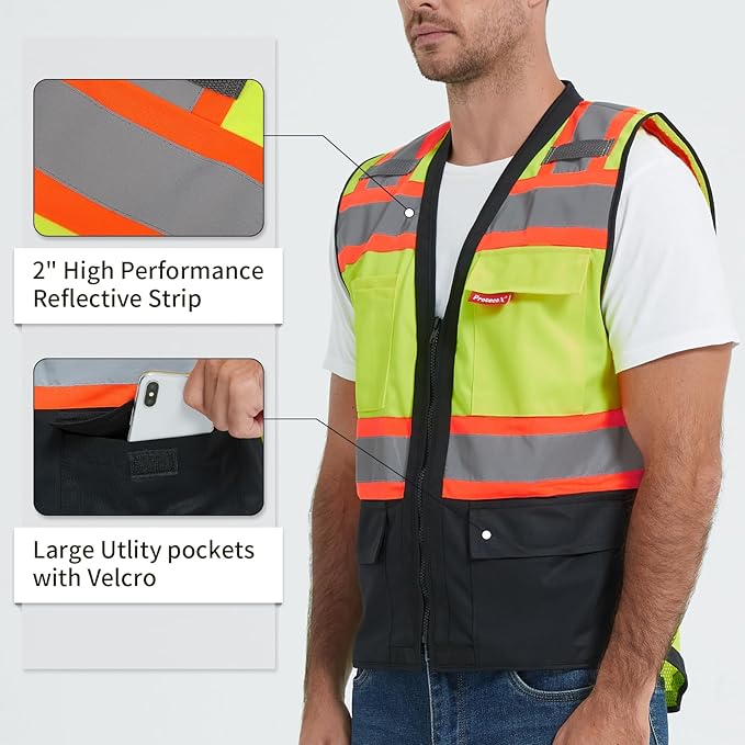 ProtectX 6 Pockets High Visibility Safety Vest for Men Women Class 2 Reflective Hi Vis Work Construction Vest
