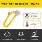 3-Outlets Indoor Outdoor Extension Cord Weatherproof with Lighted End, UL Listed, 12 Gauge 40FT Yellow 3 Prong Heavy Duty, 12/3 SJTW 15A Extension Cord