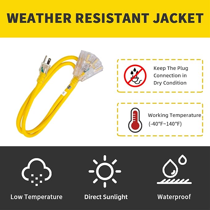 3-Outlets Indoor Outdoor Extension Cord Weatherproof with Lighted End, UL Listed, 12 Gauge 40FT Yellow 3 Prong Heavy Duty, 12/3 SJTW 15A Extension Cord