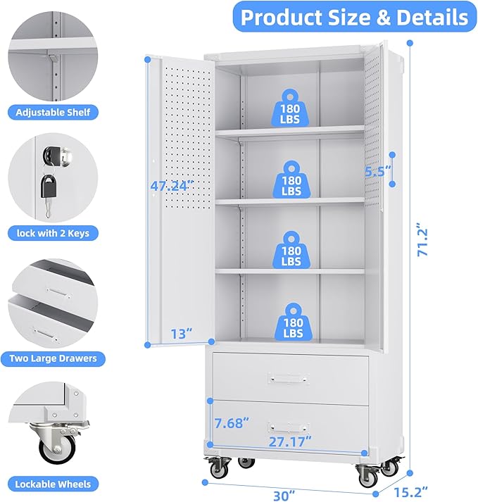 Aobabo Upgraded Metal Garage Storage Cabinet with Wheels and 2 Drawers, Lockable Rolling Tools Cabinet with Pegboards and Hooks,Assembly Required,White