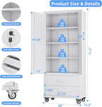 Aobabo Upgraded Metal Garage Storage Cabinet with Wheels and 2 Drawers, Lockable Rolling Tools Cabinet with Pegboards and Hooks,Assembly Required,White