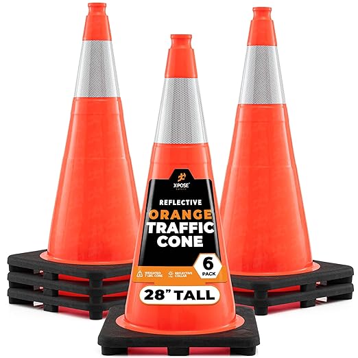 Xpose Safety 28 Inch Orange Traffic Cones with 6" Collar - 6 Pack Multipurpose PVC Plastic Safety Cone for Parking, Soccer, Caution, Kids and Construction - DOT Approved